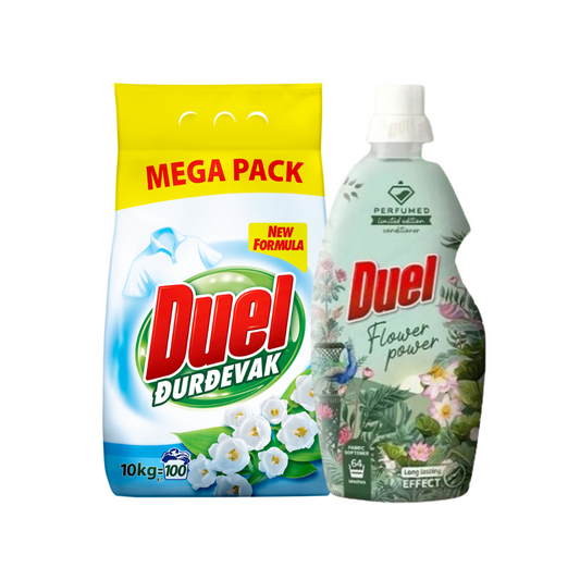 DUEL Đurđevak prašak za veš 10kg + DUEL Flower Power omekšivač za veš 1,6L